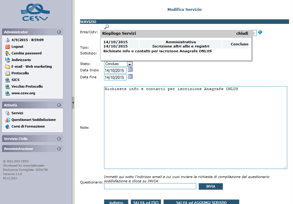 CSV Lazio – CESV – Area intranet